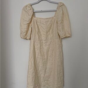 Elegant Cream Puff Sleeve Linen Dress